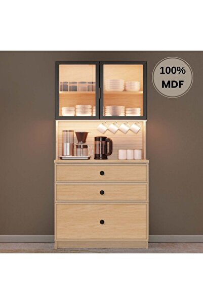 comiet Meşe Mdf Kahve Köşesi Dolabı Çekmeceli Işıklı