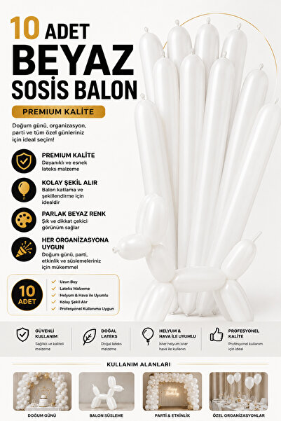 Organizasyon Pazarı 10 Adet Beyaz Renk Sosis Balon Uzun Balon Parti Süsleme B...