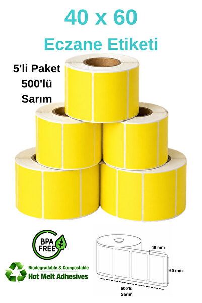 Kasetsan 40x60 mm Sarı Eczane Etiketi 5'li Paket 500'lü Sarım Hotmelt Yapışkanlı