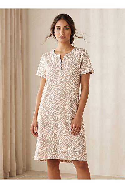 FAV Knee Length Night Dress Short Sleeves with Animal Print Cotton