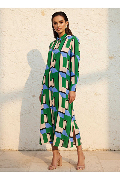 Iconic Midi Viscose Shirt Dress with Geometric Print