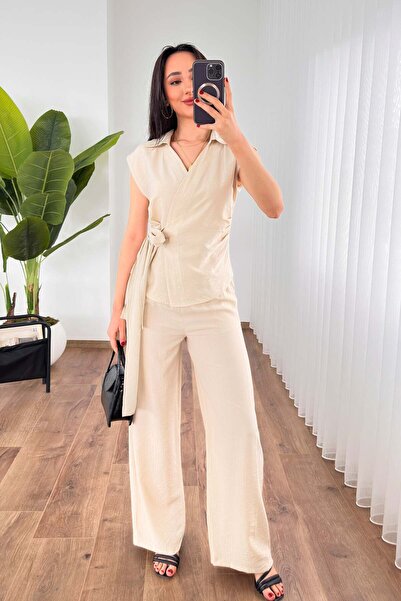 Hipo Trend Beli Belted Blouse and Trousers Beige Set