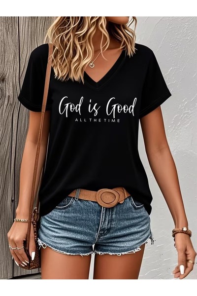 puolikuu Tricou cu decolteu în V, confortabil, cu imprimeu mixt, pentru femei