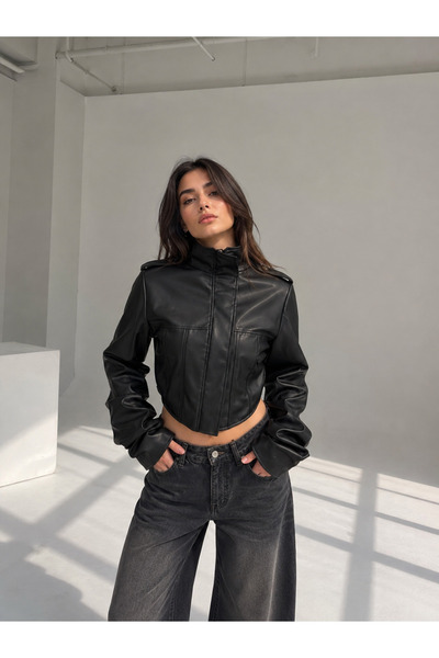 PALMA Kadın Crop siyah Deri Ceket Yeni Tarz