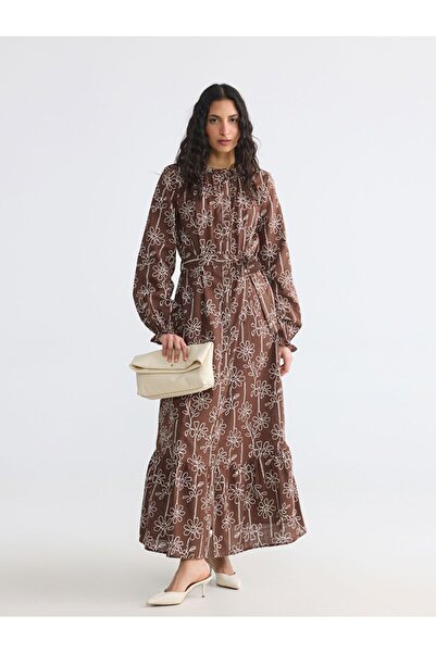 LC Waikiki LCW Modest Φόρεμα-Πουκάμισο με Βολάν και Όρθιο Γιακά με Λουλούδια