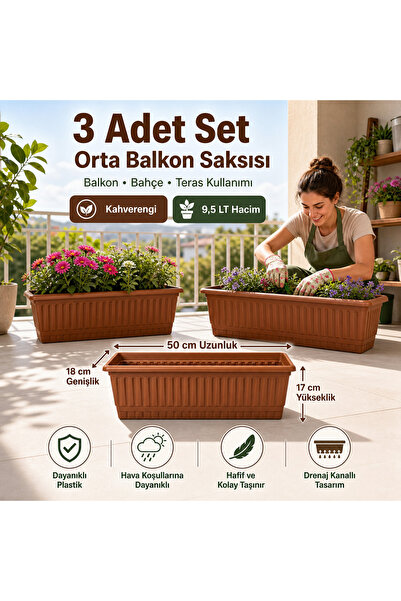 ZİVORA 3 Adet 50 cm Balkon Saksısı 9.5 L Kahverengi Orta Boy Uzun Dikdörtgen ...