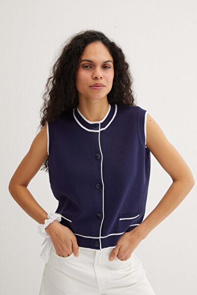 Silk and Cashmere Lacivert Katia Yuvarlak Yaka Yelek