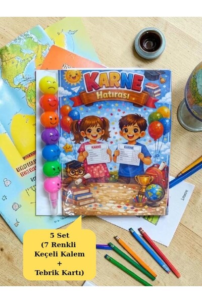 Nostaljik Lezzetler Karne Hediyesi 5 Set Renkli Keçeli Kalem ve Tebrik Kartı