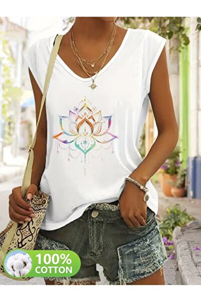 puolikuu Women's Comfortable Fit V-Neck Tshirt Mixed Printed Tshirt