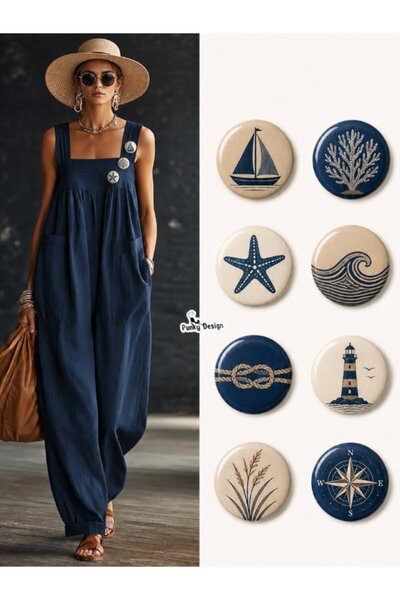 Punky Store 8 li Set-3 Deniz Temalı Rozet Seti Lacivert Bej Sailor Marin Yelk...