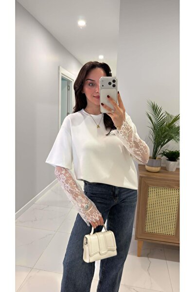 Mivida Beyaz Kadın Kol Tül Detaylı Bisiklet Yaka Basic T-shirt