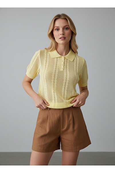 Arbucky Women's Polo Neck Openwork Knitwear Blouse