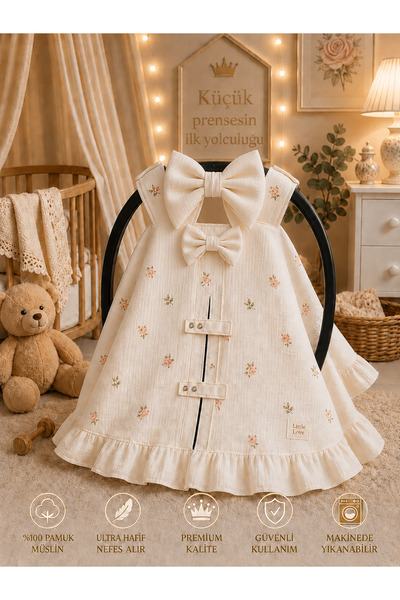 Babycitytr %100 Pamuk Müslin Fiyonklu Gül Desenli Fırfırlı Puset Örtüsü Puset...