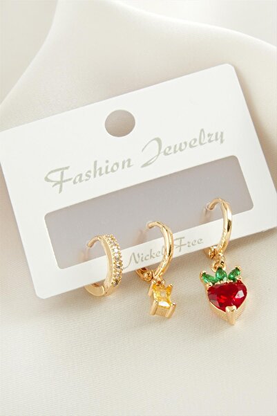 ZERO LAND Ilkeshop 3 Pieces Heart Zircon (05932) Stone Earrings-Yellow