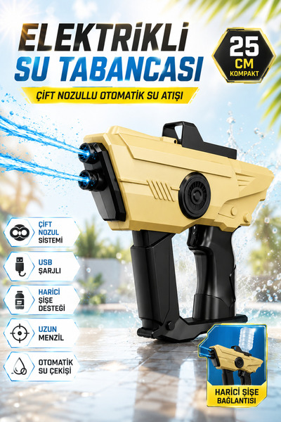 Electric Automatic Water Gun 25cm - Dual Nozzle USB Charged External Bottle Supported Water Gun