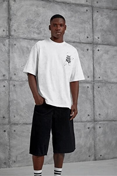 yiou trendy clothing تي شيرت أبيض كبير الحجم عليه كلمة "نعم"