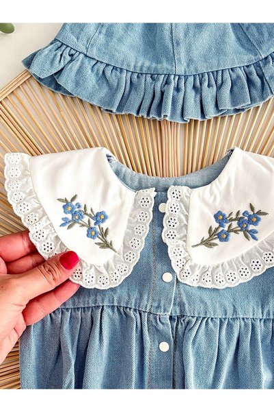 Jammybaby Jena Summer Jean Premium Vintage Collar Embroidered Lace Baby Girl Denim Romper Jumpsuit and Hat Set