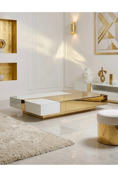 LUXURY VİLLA LUXURY GOLD AYNALI BEYAZ CAMLI DEKORATIF ORTA SEHPA 90 × 160 YÜK...