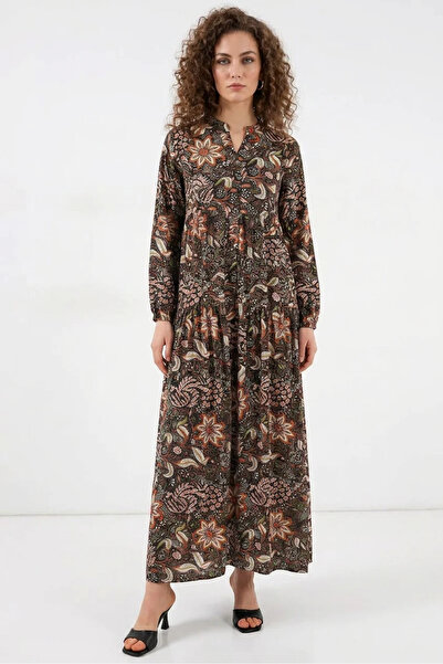 buğrahayalin Women's V-Neck Gathered Waist Floral Patterned Viscose Black Hij...