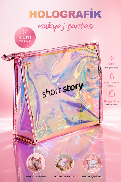 short story Holografik Makyaj Çantası - Işıltılı Geniş Seyahat Makyaj Kozmeti...