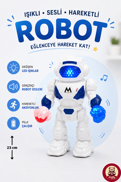 giffy Oyuncak Işıklı Sesli Hareketli Robot Oyuncak 23 CM LED Efektli Pilli Robot