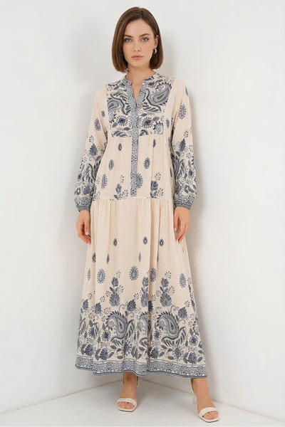 Efnaz style Women's High Collar, Gathered Waist, Floral Patterned Viscose Nav...