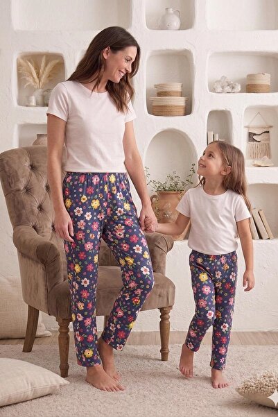 VİP BERA TEKSTİL Canlı Renkli Anne Kız Kombini Likralı Pamuklu Tek Pijama Altı