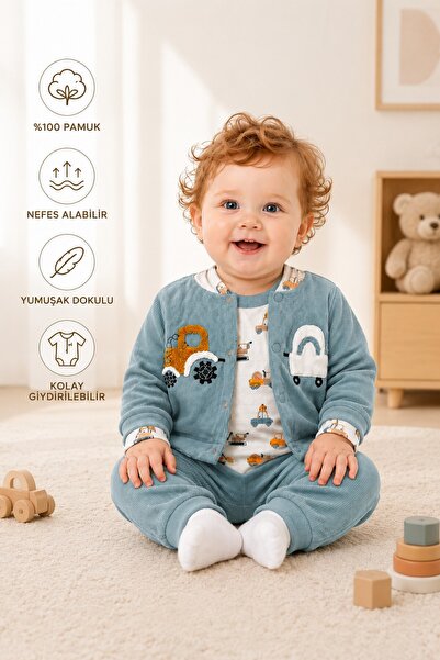 METEOR BABY Erkek Bebek 3’lü Takım Nakış Detaylı Arabalı Alt Üst Mevsimlik Ta...