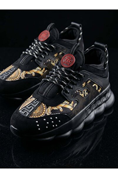 EXCLUSIVE STYLE Adidasi din piele ecologica si catifea - CHAIN NEGRU/AURIU