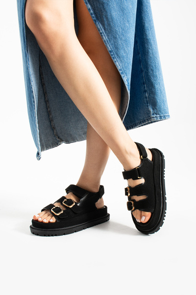 TrendWalk Women's Black Leather and Suede Gold Buckle Thick Sole Sandals Daily Stylish Comfortable Sandals