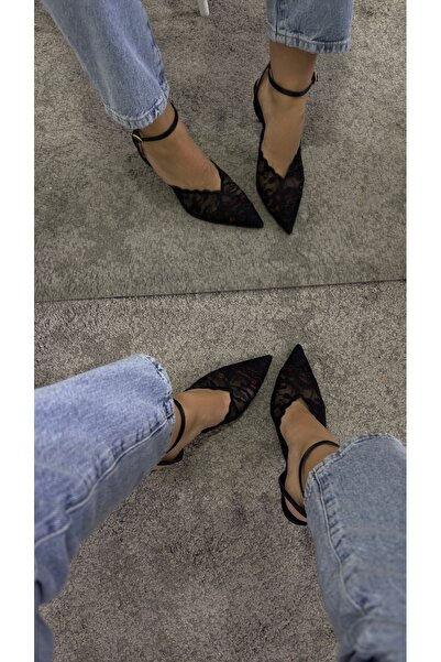MYVOLANTE Black Lace Detailed Heeled Women's Shoes
