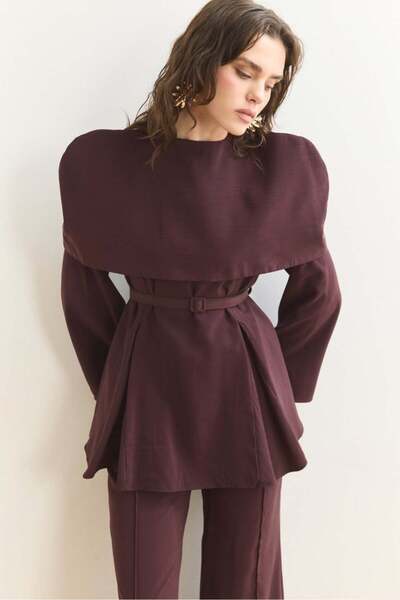 ASEDE Imported Fabric Draped Cape Collar Belted Suit