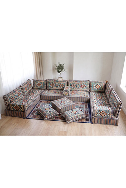 FEYZA DECOR HOME Gri Anadolu Motifli Taşınabilir Yer Sofrası Minder Takımı - ...