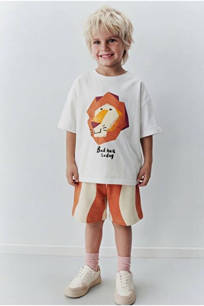 Aslan Baskılı Pamuklu T-Shirt Şort Takım