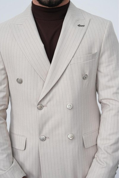 Dupont Slim Fit Men's Pointed Collar Striped Double Breasted Suit