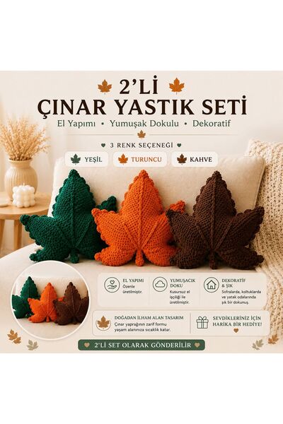 yes ticaret El Örgüsü Sonbahar Çınar Yaprakları 2’li Yastık Seti