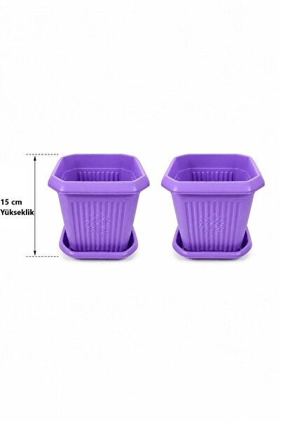 GÜZELYÜZ AVM 2 Adet Kare Saksı Seti | Mor Renk Tabaklı Saksı Seti 2,5 Litre 1...
