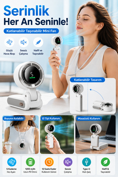 OpenCity Beyaz Taşınabilir Mini Fan Katlanabilir Boyuna Asılabilir USB Şarjlı...