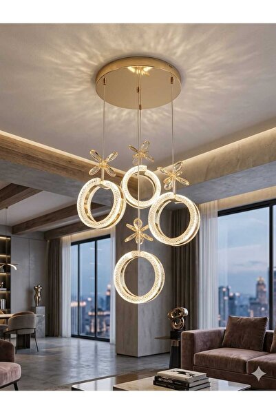 AURA LIGHTING Gold Alyans Model 4'Lü Sarkıt 3 Renk LED Kumandalı Modern Salon...