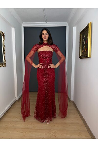 gökkuşagı moda Bordo Straplez Pelerinli İnci Detaylı Sırtı Bağlamalı Uzun Abi...