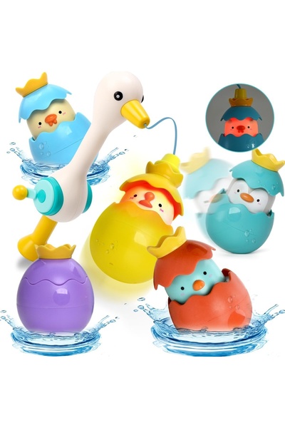 Junios Bath toy with floating eggs and egret fishing rod, 6 pieces
