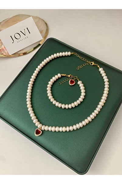 JOVİ ATELİER Sertifikalı Doğal Rondela Kadın İnci Kolye Bileklik Seti | Kırmı...