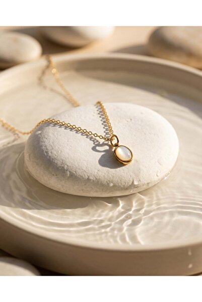 Vola Collection Steel Gold White Oval Stone Elegant Women's Necklace
