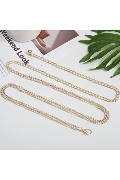 CRM Curea-lanț cu strasuri, CRM, reglabilă, elegantă, accesoriu de modă pentru rochii și ținute de seară, auriu, 105 cm