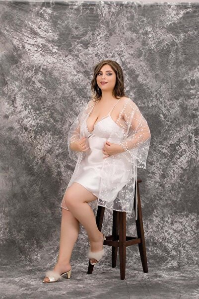MEKs Plus size chic design white lace embroidered luxury 2-piece satin nightg...