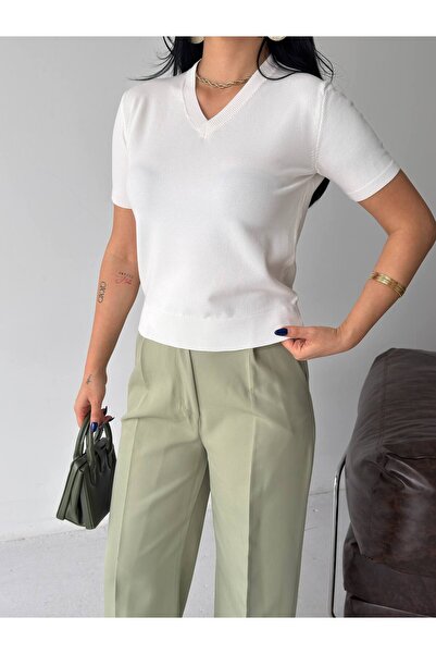 Lovely butik Women's V-Neck Mercerized Textured Knitwear T-Shirt Summer Basic...