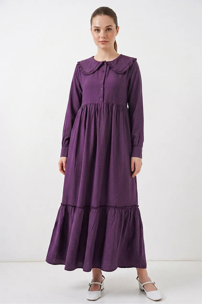 buğrahayalin Women's Bebe Collar Viscose Purple Hijab Dress