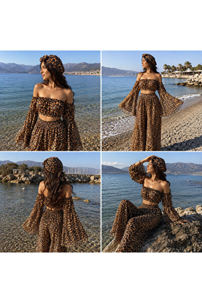 NA ADDESIGN Leopar Desenli Şifon 3’lü Plaj Takımı – İspanyol Kol Crop Set