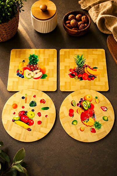new rise 4 ADET MDF Ahşap Nihale Meyve Design Çaydanlık Altı Sıcak Tencere Desenli Ahşap Nihale