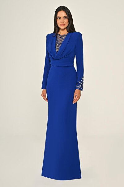 ALFABETA Crepe Long Dress with Sequined Dijage Collar - 7020